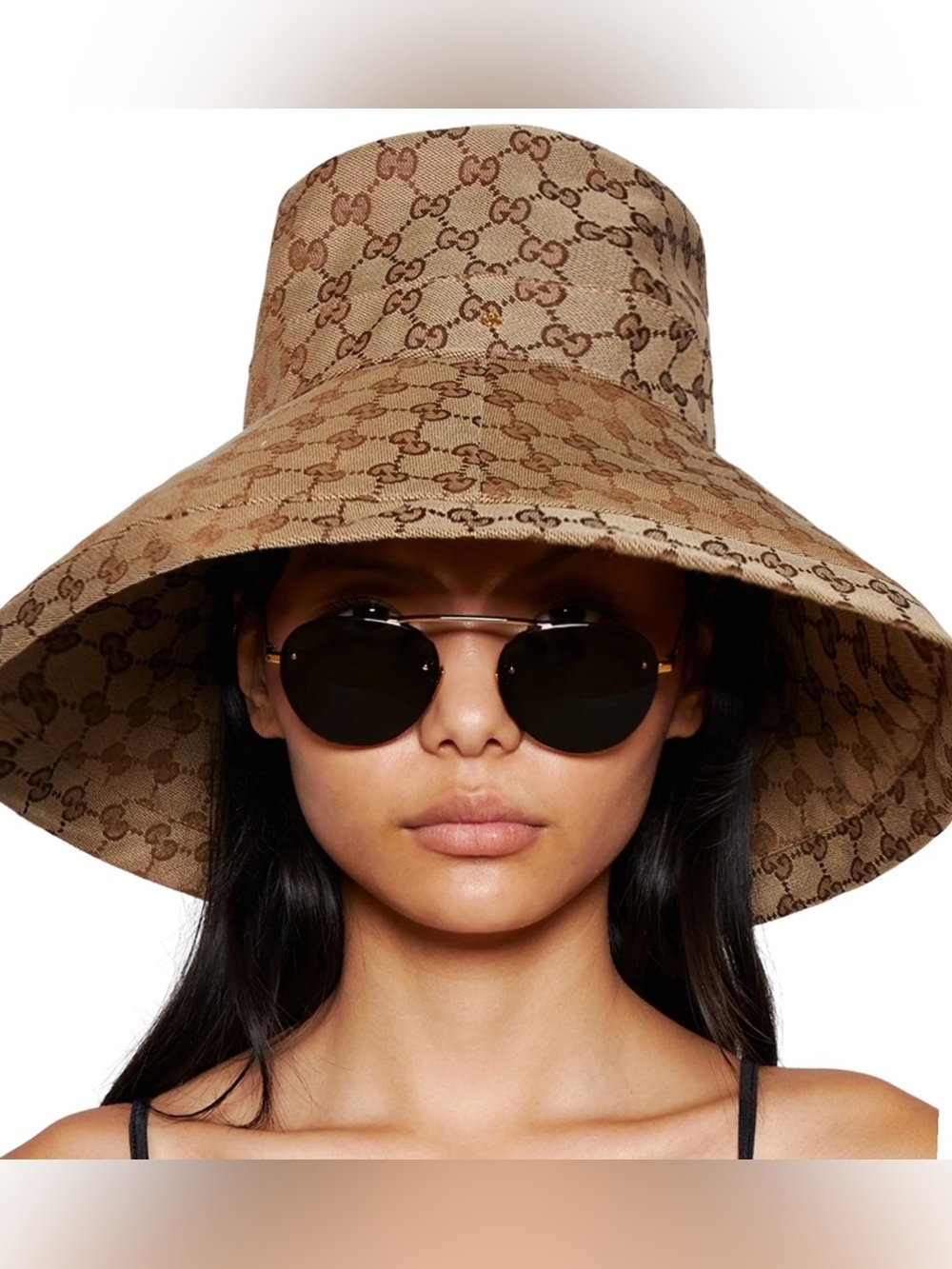 Beige Canvas Large Wide Brim Monogram Bucket Hat Jacquard Sun Coverage Beach - Picture 2 of 16
